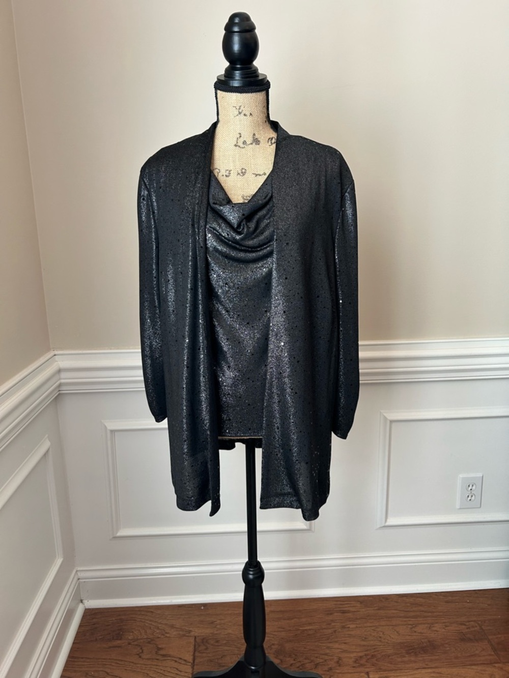 Black Sparkle Drape Tank Top and Cardigan - Women